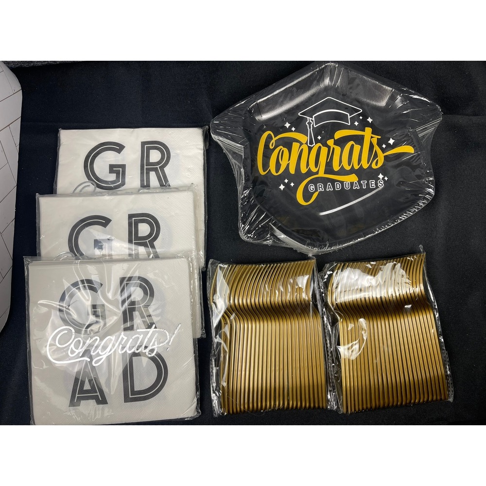 Graduation Party Supplies Set Congrats Grad Star Plates Napkins Gold Forks Black